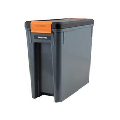 an orange and black trash can on a white background