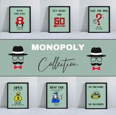 the monopoly collection is on display in front of a wall with posters and other items