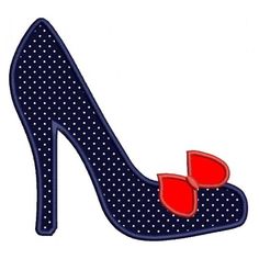 a high heeled shoe with red bows on the toe and polka dot fabric applique