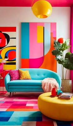 a brightly colored living room with modern furniture