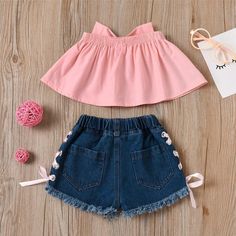 Flit And Flutter Baby Clothes Girls Bow Decor Pink Tube Top & Denim Shorts Baby Clothing – PrettyKid Lace Short Outfits, Short Girl Outfits, Pink Tube Top, Lace Denim Shorts, Pink Denim Shorts, Bow Decor, Shorts Outfits, Clothes Set