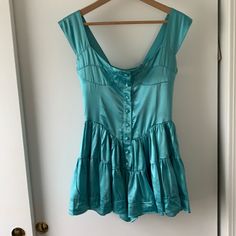 New With Tags Bustier Romper Mini Dress Rare Teal Blue Color Satin Flattering And Flowy Aa Pink Satin Dress, Silk Romper, Teal Blue Color, Cherry Dress, Vanessa Mooney, Multi Dress, 80s Dress, Purple Satin, Ruffle Mini Dress