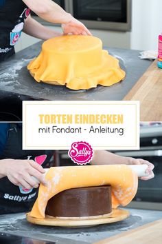 a person in an apron decorating a cake with fondant and banana peels