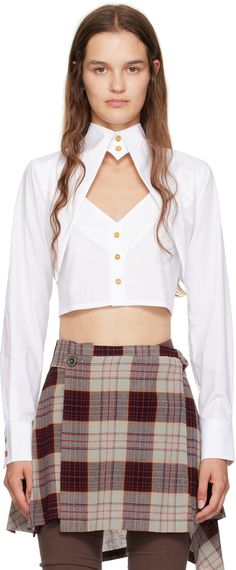 Regenerated cotton poplin shirt. · Extended pointed collar · Button closure · Graphic cutout and embroidered logo at chest · Cropped tennis-tail hem · Two-button barrel cuffs Supplier color: White Preppy Fitted Shirt For Fall, Preppy Fitted Fall Shirt, Cropped Button Up Shirt Outfit, Vivienne Westwood Tops, Cropped Button Up Shirt, Cutout Shirts, Cut Off Shirt, Heart Blouse, White Corset