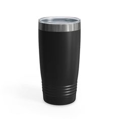 a black tumbler cup sitting on top of a white surface with a silver lid