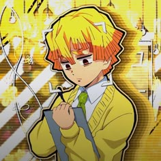 an anime character with orange hair and green eyes is holding something in his hand while looking at the camera