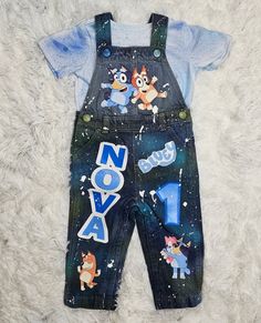 Personalized Kids Custom Character Birthday Overalls, Custom Overall Birthday Outfit, Shirt and Overall Set, Any Theme by TGloryBoutique on Etsy Birthday Overalls, Spray Paint Shirt, Bingo Party, Bluey Birthday, Custom Character, 2nd Birthday Party Themes, Kids Overalls, Future Dreams, Paint Shirts