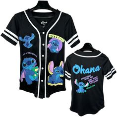 Dive into the tropical world of Lilo and Stitch with our Disney Ladies Baseball Jersey Shirt! This charming black and white shirt features playful prints, capturing the essence of the beloved characters. With a comfortable fit and a button-down style, it's perfect for casual outings for women. Embrace the magic of Disney with this shirt, combining style and nostalgia. Let Lilo and Stitch accompany you on your everyday adventures!•Officially licensed•100% polyester construction•Relaxed fit button