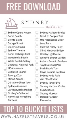 Printable Sydney bucket list. PDF download. Trip planning for travellers, world cities bucket lists for travel plans and holidays. Bucket List Printable, Australian Road Trip, New Zealand Trip