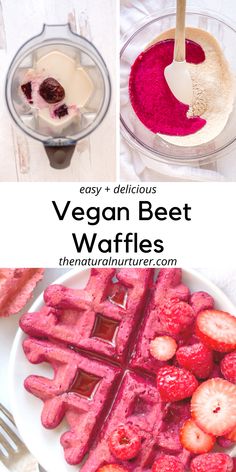 vegan beet waffles with raspberry sauce and yogurt