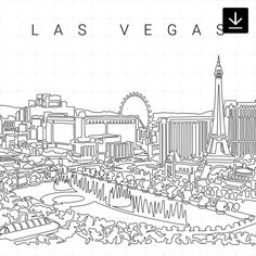 the las vegas skyline is outlined in black and white, with an arrow pointing up to it