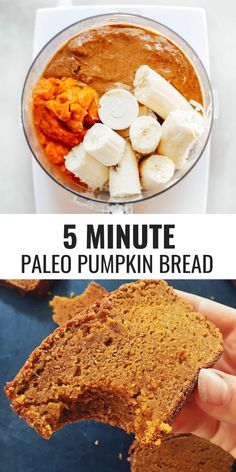 5 minute palen pumpkin bread recipe in a glass bowl with the text overlay