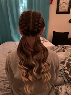 Bubble Hair Ideas, Two Braids Connected In The Back, Hairstyles For Athletics, Senior Night Hairstyles, Cute Hairstyles For Blondes, Hair Down But Out Of Face, Hairstyles For Gymnastics Practice, Braids For Dance, Gymnastics Hairstyles For Practice