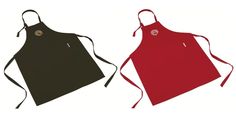 two red and black aprons one has a button on the front, while the other has a white button on the back