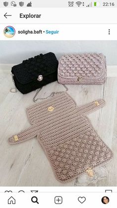 three crocheted purses sitting on top of a floor next to each other