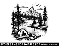 a black and white drawing of a tent in the woods next to a mountain lake