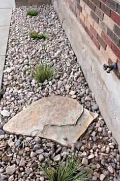 there is a rock and grass in the middle of this garden bed that has been placed between two buildings