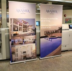 two large banners in an office building