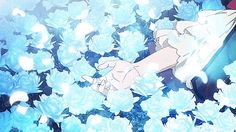 an anime character is surrounded by blue flowers