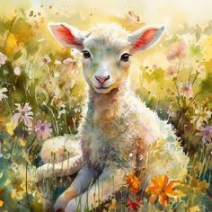 a painting of a lamb sitting in the grass with daisies and flowers around it