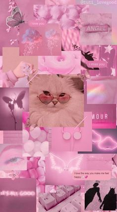 a collage of pink and purple images with cats, butterflies, hearts, and flowers