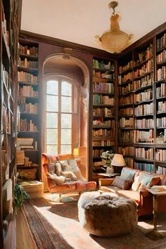 a living room filled with lots of furniture and bookshelves next to a window