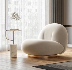 a living room with a white chair and wooden floors in front of a large window