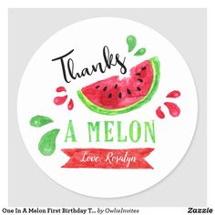 a watermelon sticker with the words, thanks and an image of a slice of