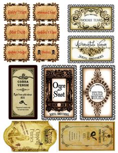 several different types of labels and frames on a white background with gold trimmings