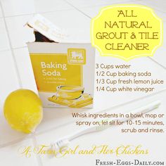 a box of baking soda next to a lemon on a white tile floor with the words baking soda written below it