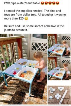 a toddler playing with his toys on the table in front of him and an ad for