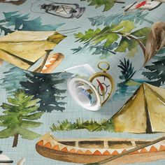 an image of a wallpaper with watercolors and camping related items on it