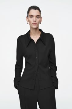 EXAGGERATED-COLLAR JERSEY SHIRT Black Dress Shirt Women's, Black Dress Shirt Women, Long Collar Shirt, Black Collared Shirt, Exaggerated Collar, Black Button Up Shirt, Modern Wardrobe, Pleated Pants, Black Shirt Dress