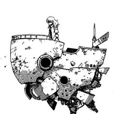 an ink drawing of a submarine with people on it's back and the front end of