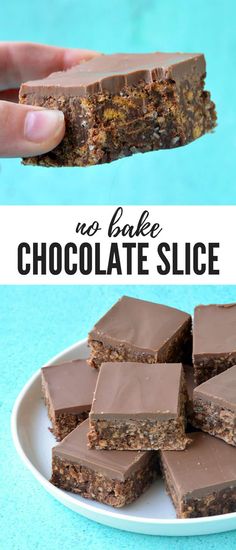 no bake chocolate slice on a plate with text overlay that says no bake chocolate slice