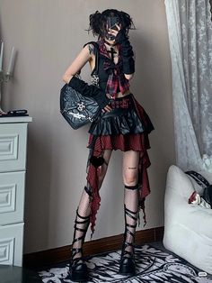 Demoncore Outfits, Devilcore Outfits, Red Grunge Outfit, Red Goth Outfits, Anime Makeup Ideas, Girl Eye Makeup, Red Goth, Eyeshadow Colors