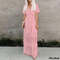 Olivia Mark - Lace Maxi Dress with Embroidered Sexy Neckline in Solid Color for Vacation Black And White Long Dresses, Embroidered Lace Dress, Boho Dresses, Family Pics, Lace Dress Long, Straight Dress, Linnet, Embroidery Lace, Lace Maxi