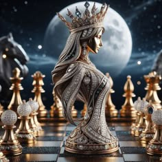 a chess board with gold and silver pieces on it in front of a full moon