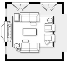 a drawing of a living room with couches, tables and chairs in it's floor plan