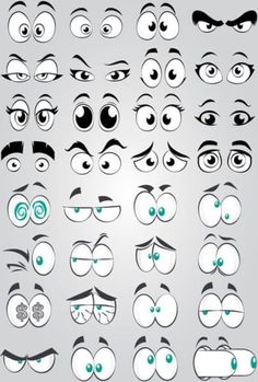 an assortment of cartoon eyes with different shapes and sizes, all in black and white