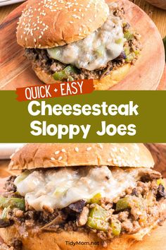 cheese steak sloppy joes on a cutting board with the title overlay reading quick and easy cheesesteak sloppy joes