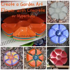 there are many different types of flower vases in this collage with text overlay that says, create a garden art flower with concrete or hypertuia