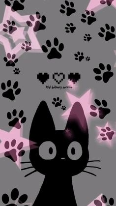 a black cat surrounded by paw prints and stars