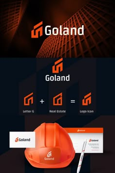 an orange hard hat with the word goland next to it