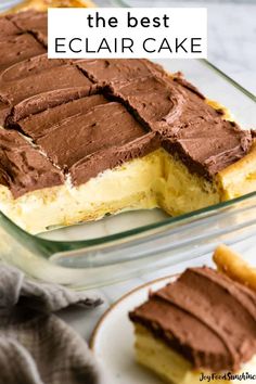 the best eclair cake is cut into squares and served in a glass dish