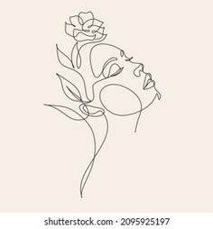 a single line drawing of a woman's face with flowers in her hair on a beige background