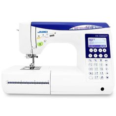 a white sewing machine with blue trim and buttons on it's side, against a white background