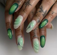 Green nail, nail art, merallic nails, 3d nails, nail sculpture, aura nails, water drop nails, ombre nails, oval nails, acrylic nails, gel x, summer nails, 2024 nails, airbrush nails Green Summer Nails 2024, Gel X Summer Nails, Ombre Nails Green, Aura Nails Green, Water Drop Nails, Green Aura Nails, Drop Nails, Green Ombre Nails, Green Spring Nails