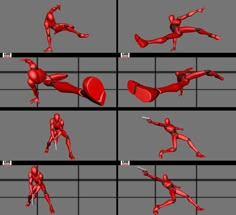 various poses of a person doing different things in red and black colors, including the arms and legs