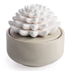 a white ceramic flower sitting on top of a container